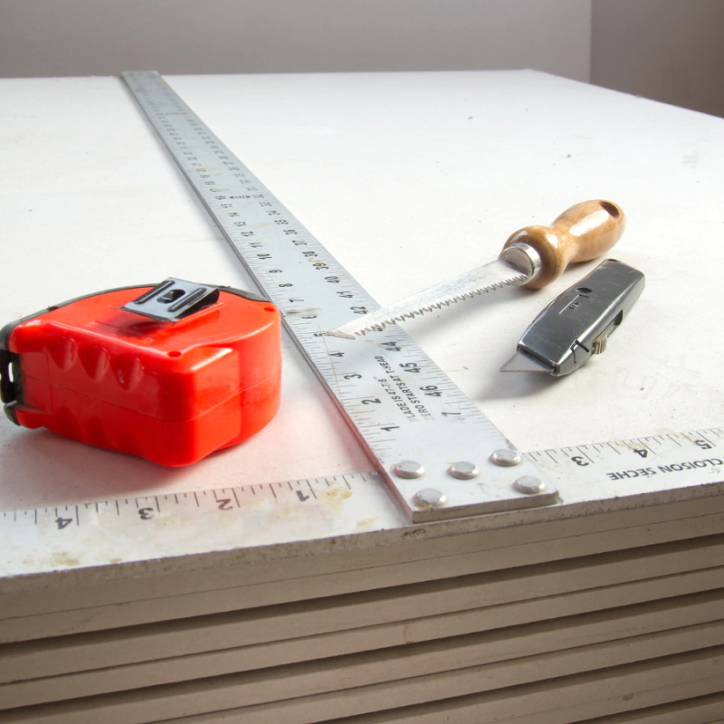measuring tools and cutter on top of drywall